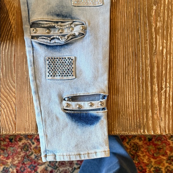 Revel Trendy Light Blue high waisted Skinny Jeans with Distressed bling Accents - Picture 10 of 10